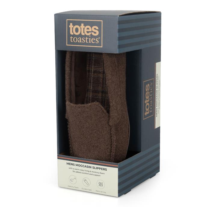 totes toasties® Mens Felt Moccasin Slipper With Check Sock Brown Extra Image 1